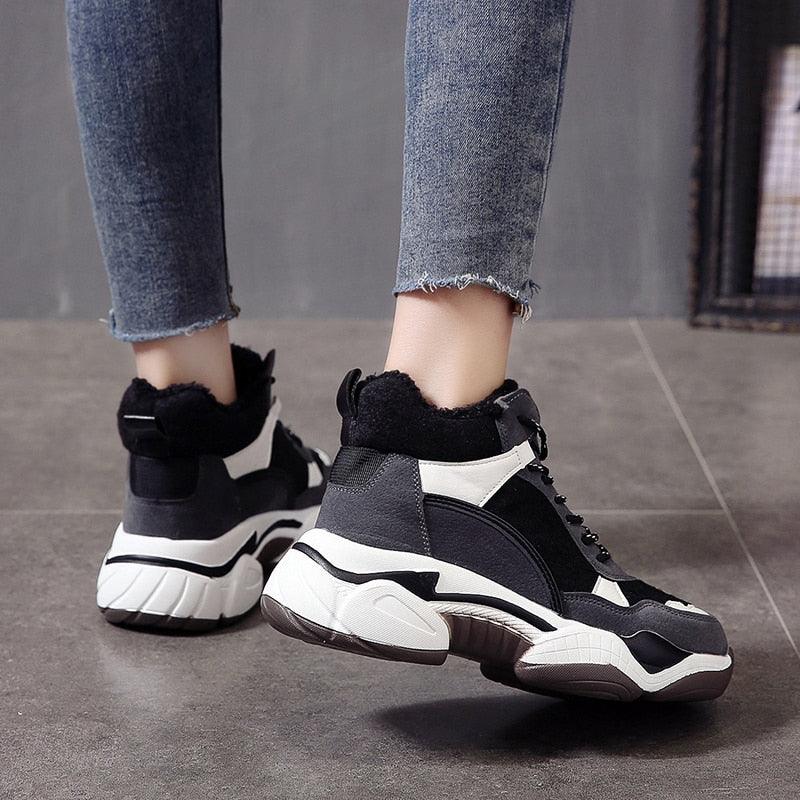 Winter women’s sneakers, black and white fur-lined high-top with chunky anti-slip sole on Tampa Home & Garden Store
