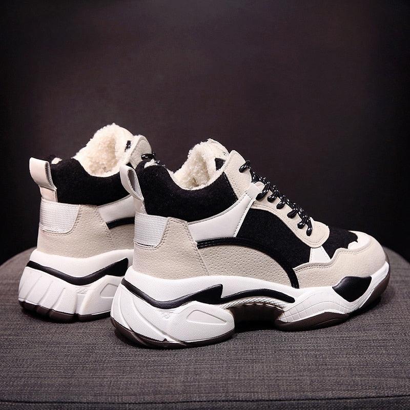 Stevvex winter sneakers with beige black white panels, plush fur lining and chunky anti-slip sole on Tampa Home & Garden Store