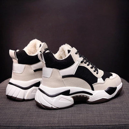 Stevvex winter sneakers with beige black white panels, plush fur lining and chunky anti-slip sole on Tampa Home & Garden Store