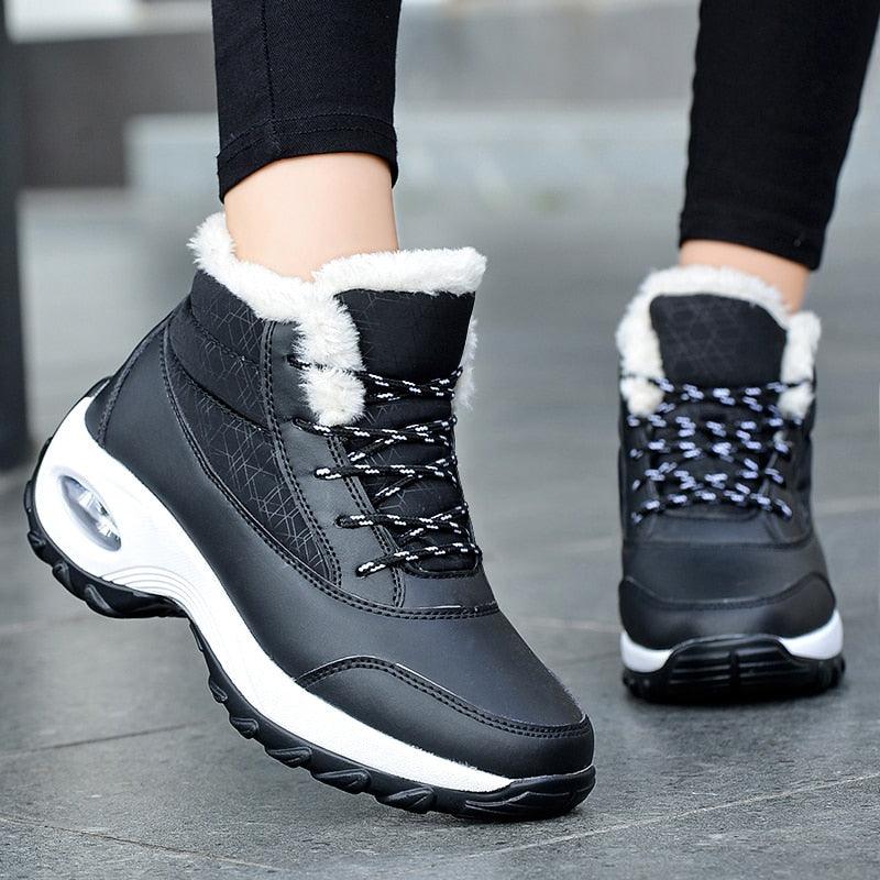 Stevvex winter sneakers, black/gray faux leather with white fur lining, chunky sole on Tampa Home & Garden Store
