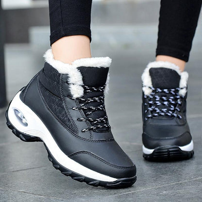 Stevvex winter sneakers, black/gray faux leather with white fur lining, chunky sole on Tampa Home & Garden Store