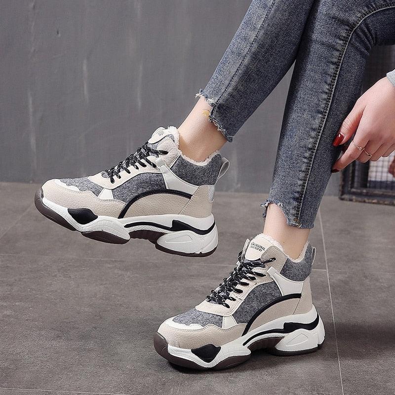 Winter sneakers Stevvex beige gray fur lined, chunky anti-slip sole for casual running on Tampa Home & Garden Store