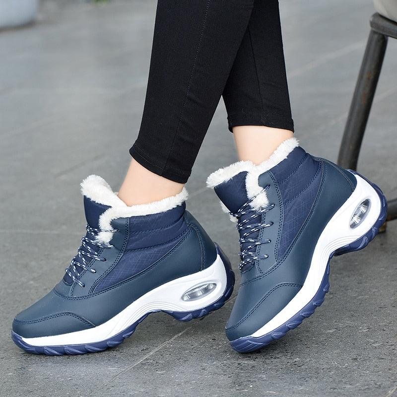 Stevvex winter sneakers navy blue fur-lined high-top with cushioned white sole on Tampa Home & Garden Store