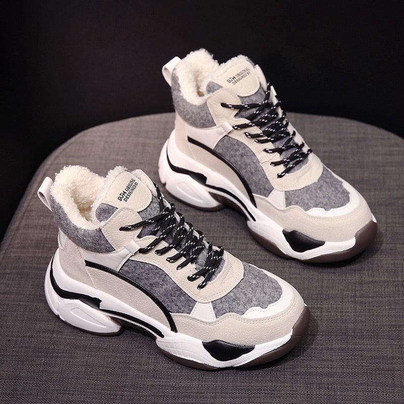 Stevvex winter sneakers pair in gray/cream with plush fur lining and chunky anti-slip sole on Tampa Home & Garden Store