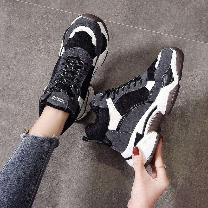 Stevvex winter sneakers pair black gray white colorblock with fur lining and chunky sole on Tampa Home & Garden Store