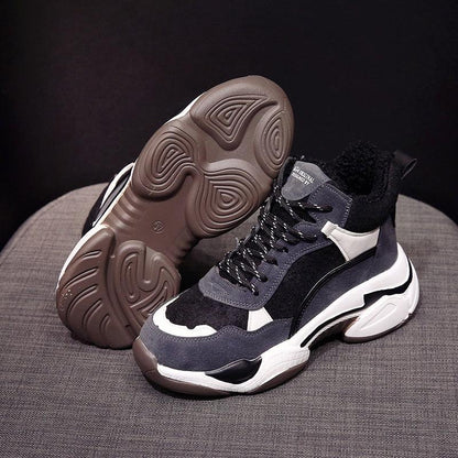 Stevvex winter sneakers for women, high-top navy/gray suede with fur lining and chunky sole on Tampa Home & Garden Store