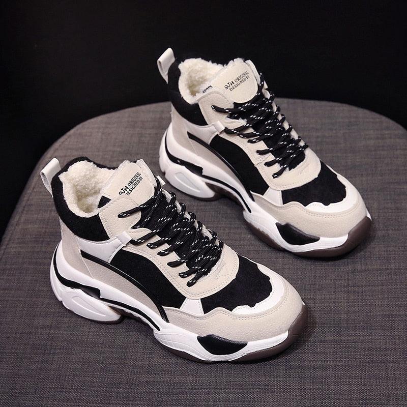Stevvex winter women’s sneakers with fur lining, black/cream upper, chunky anti-slip sole on Tampa Home & Garden Store