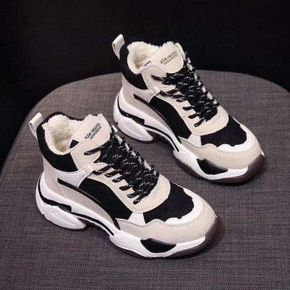 Stevvex winter women’s sneakers with fur lining, black/cream upper, chunky anti-slip sole on Tampa Home & Garden Store