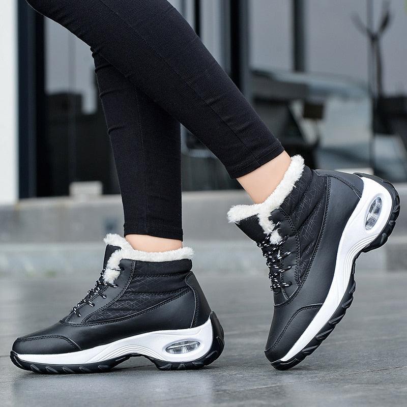 Stevvex Winter Sneakers black faux leather fur lining white sole with air cushion on Tampa Home & Garden Store