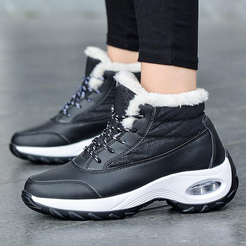 Stevvex winter women's sneakers black faux fur lining, white cushioned sole, lace-up on Tampa Home & Garden Store