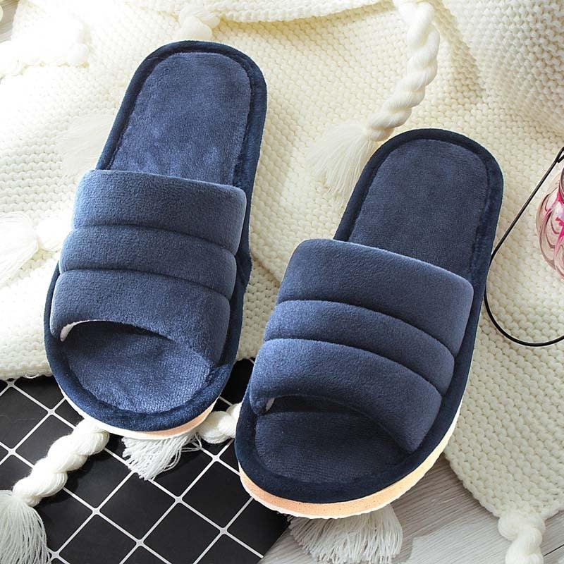 Stevvex navy blue plush slippers pair memory foam anti-skid sole slide-on house shoes on Tampa Home & Garden Store