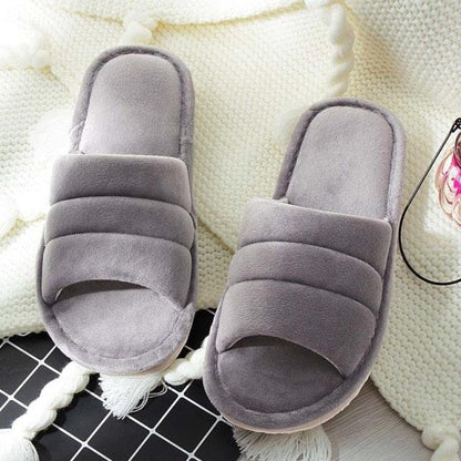 Grey Stevvex plush slip-on slippers pair with padded straps and memory foam for home use on Tampa Home & Garden Store