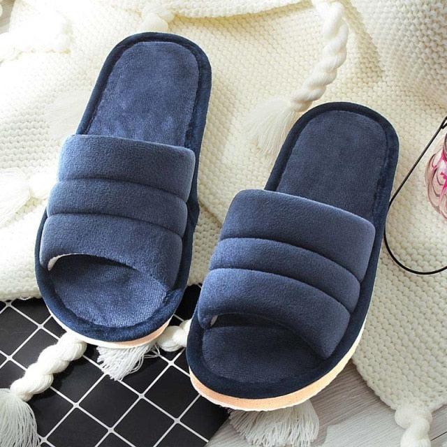 Stevvex navy blue plush memory-foam slippers with padded straps, anti-skid sole pair on Tampa Home & Garden Store