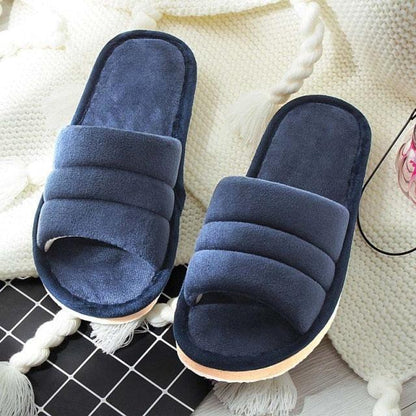 Stevvex navy blue plush memory-foam slippers with padded straps, anti-skid sole pair on Tampa Home & Garden Store