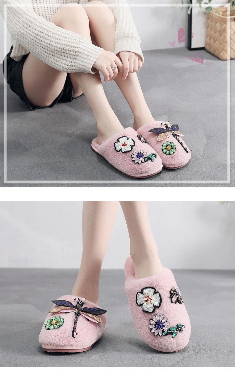 Stevvex pink plush slippers with floral embroidery and faux fur lining memory foam on Tampa Home & Garden Store