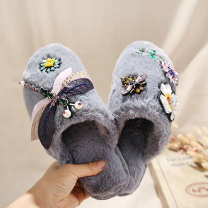 Stevvex winter women slippers grey plush fur with floral bead embroidery pair on Tampa Home & Garden Store
