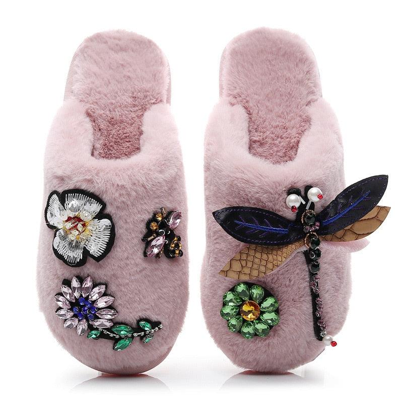 Stevvex pink plush faux fur slippers pair with jeweled floral and dragonfly embellishments on Tampa Home & Garden Store