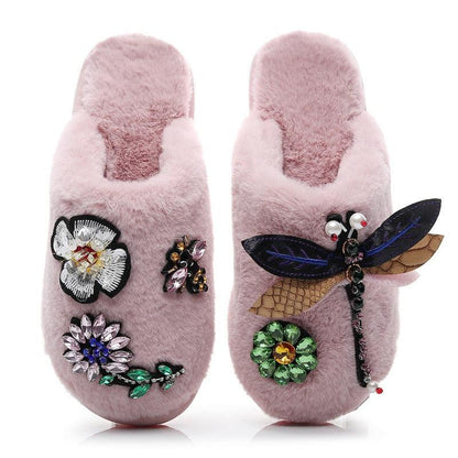 Stevvex pink plush faux fur slippers pair with jeweled floral and dragonfly embellishments on Tampa Home & Garden Store