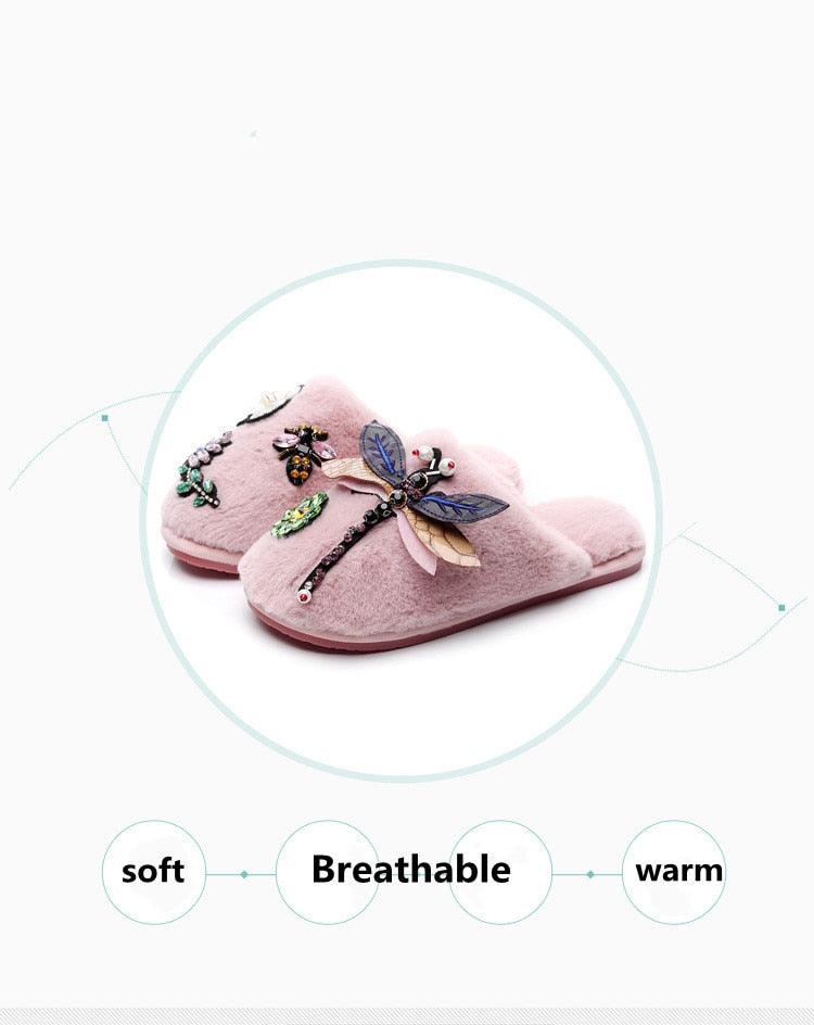 Stevvex pink plush slippers pair with dragonfly bead embellishments and faux fur lining on Tampa Home & Garden Store