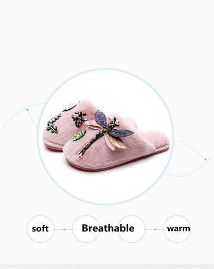 Stevvex pink plush slippers pair with dragonfly bead embellishments and faux fur lining on Tampa Home & Garden Store