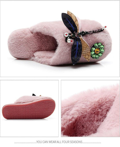 Stevvex pink plush fur slippers with memory foam, decorative flower brooch, indoor use on Tampa Home & Garden Store