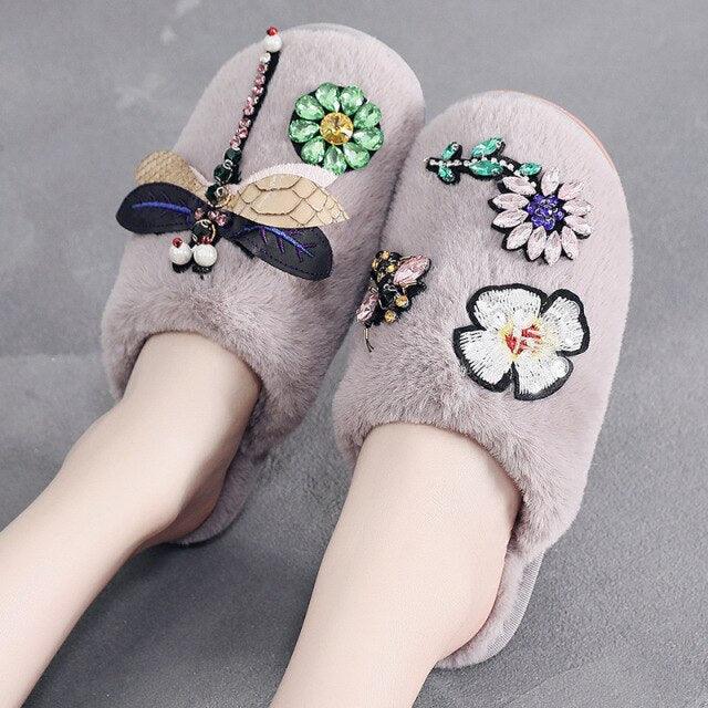 Stevvex winter women slippers, plush faux fur lined, embroidered dragonfly flowers, pair on Tampa Home & Garden Store