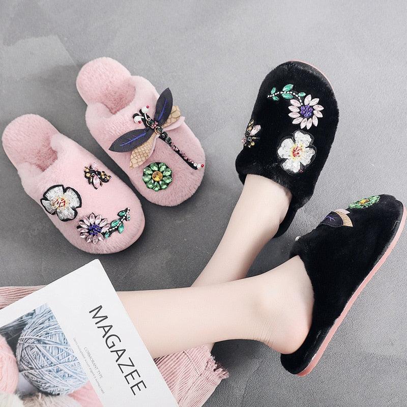Stevvex winter slippers black plush fur with embroidery pink fuzzy pair foam comfort styles on Tampa Home & Garden Store
