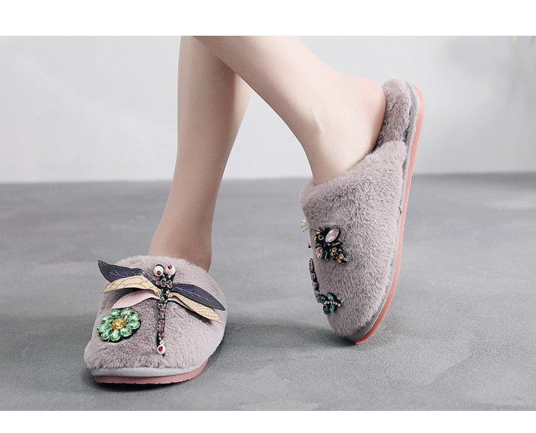 Stevvex fur-lined winter women slippers with dragonfly embellishment, grey plush with pink sole on Tampa Home & Garden Store