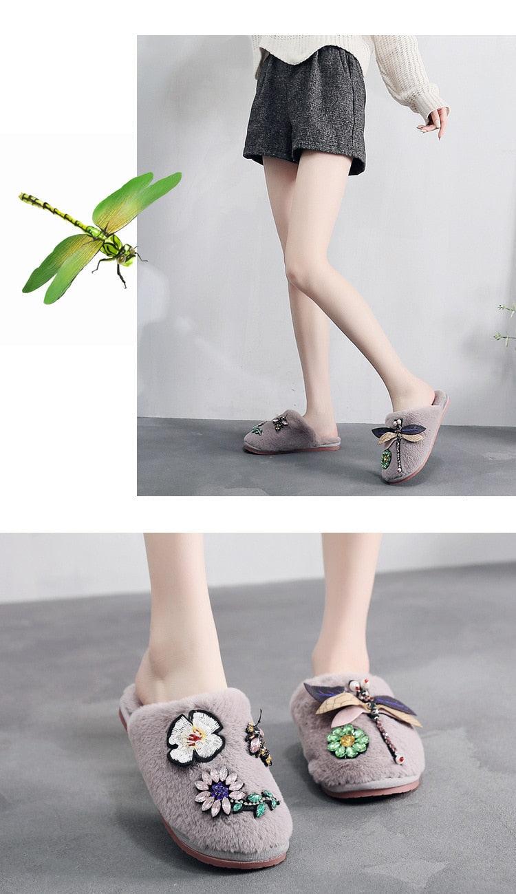 Winter plush gray slippers with floral embroidery and faux fur, slip-on indoor house shoes on Tampa Home & Garden Store