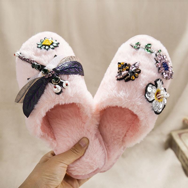 Stevvex pink plush slippers with floral patches and bow, memory foam lining on Tampa Home & Garden Store