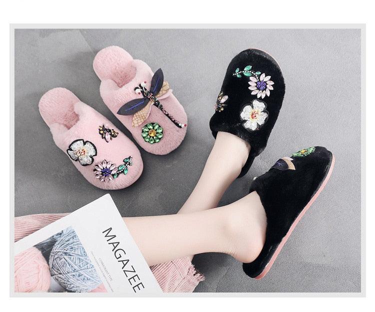Stevvex winter women plush fur slippers black floral embroidery and pink dragonfly slippers two pairs on Tampa Home & Garden Store