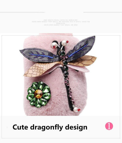 Stevvex winter slippers with pink faux fur, dragonfly embellishment and jeweled flower on Tampa Home & Garden Store