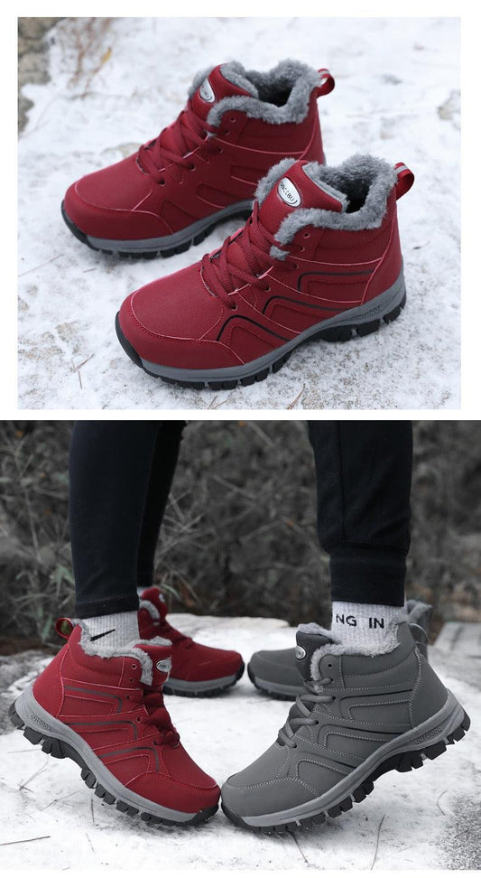 Stevvex winter boots red and gray with plush fur lining, waterproof lace-up hiking boot on Tampa Home & Garden Store
