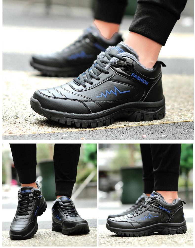 Stevvex black leather winter boots with plush lining rugged lug sole waterproof hiking boot on Tampa Home & Garden Store