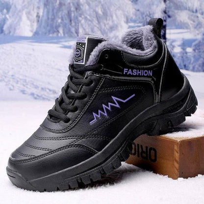 Stevvex winter boots black faux leather with plush lining and rugged tread outsole purple accents on Tampa Home & Garden Store