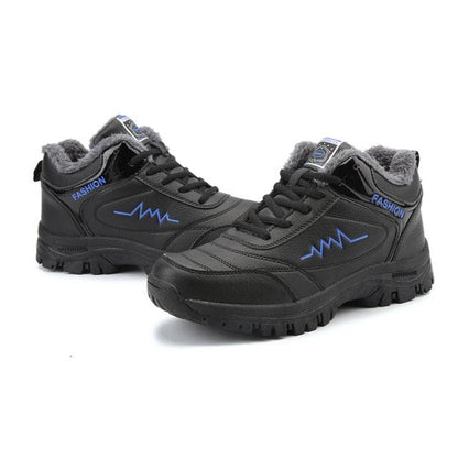 Stevvex black winter boots with plush lining, ankle-high waterproof leather hiking boots pair on Tampa Home & Garden Store