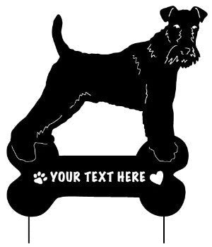 Wire Fox Terrier garden stake silhouette with customizable bone plaque for lawn ornaments on Tampa Home & Garden Store