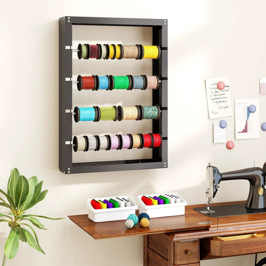 Wire spool rack for 4 rods, gray metal wall mount with colorful thread spools on Tampa Home & Garden Store