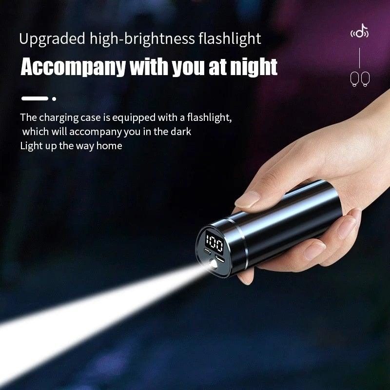 Stevvex wireless Bluetooth earphones with flashlight charging case, metallic black, IPX8 on Tampa Home & Garden Store