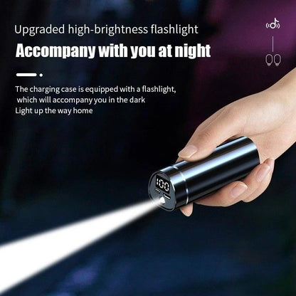 Stevvex wireless Bluetooth earphones with flashlight charging case, metallic black, IPX8 on Tampa Home & Garden Store