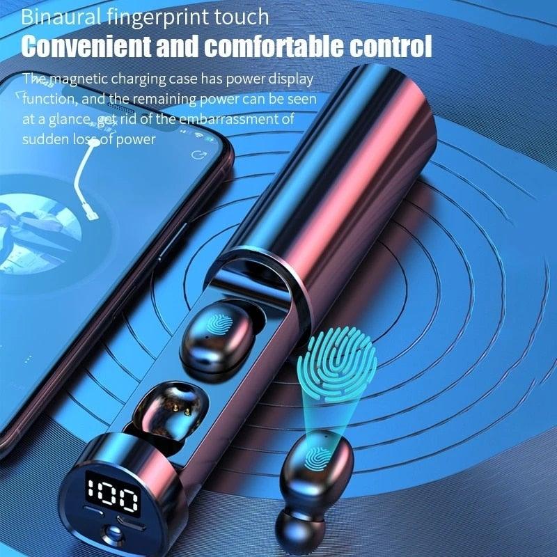 Stevvex wireless Bluetooth 5.1 in-ear earbuds with charging case, blue finish, LED display, IPX8 on Tampa Home & Garden Store