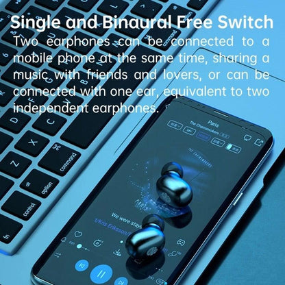 Wireless earbuds by Stevvex with blue metallic finish and touch controls on phone screen on Tampa Home & Garden Store