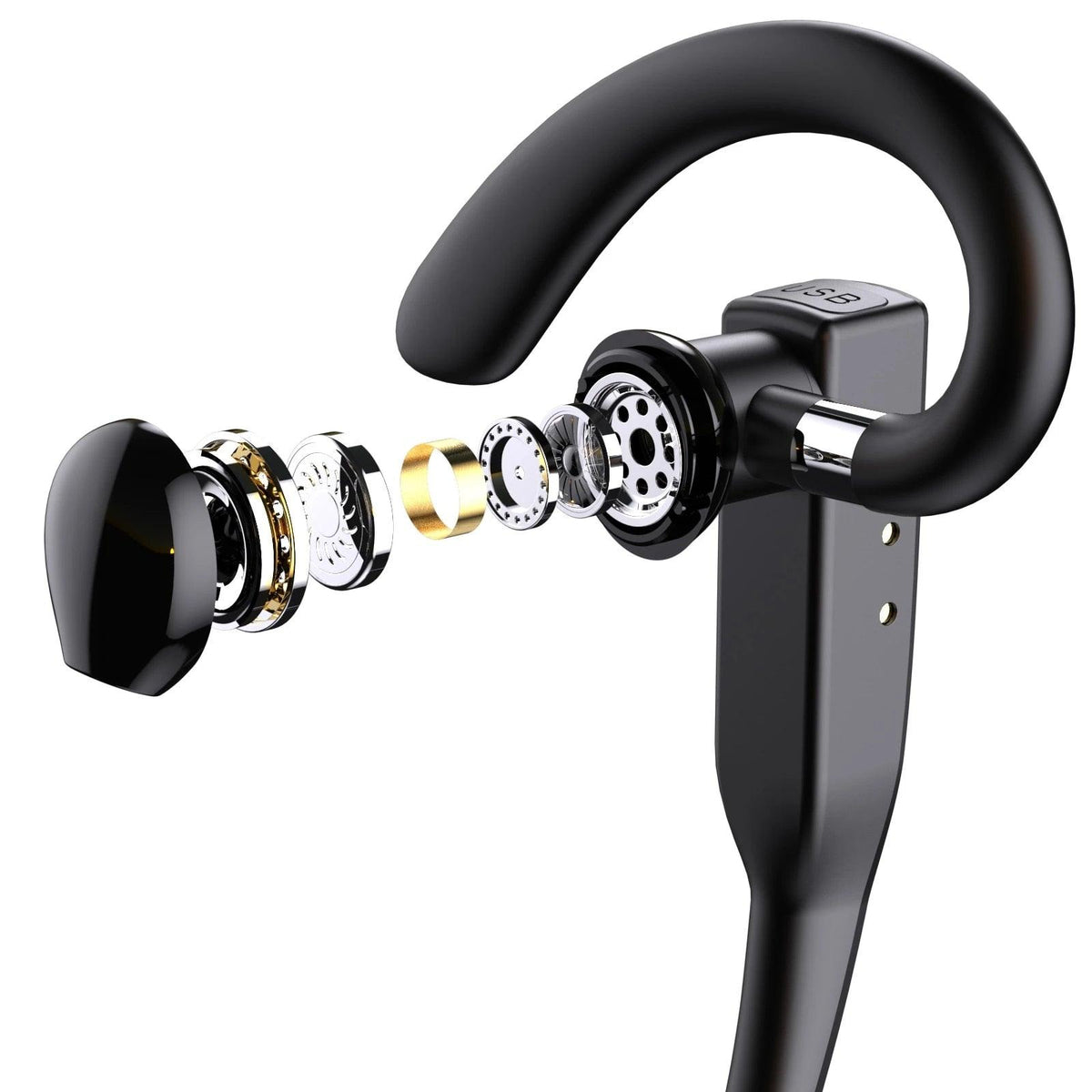 Stevvex wireless over-ear earphone cutaway view in black showing internal mechanical components on Tampa Home & Garden Store