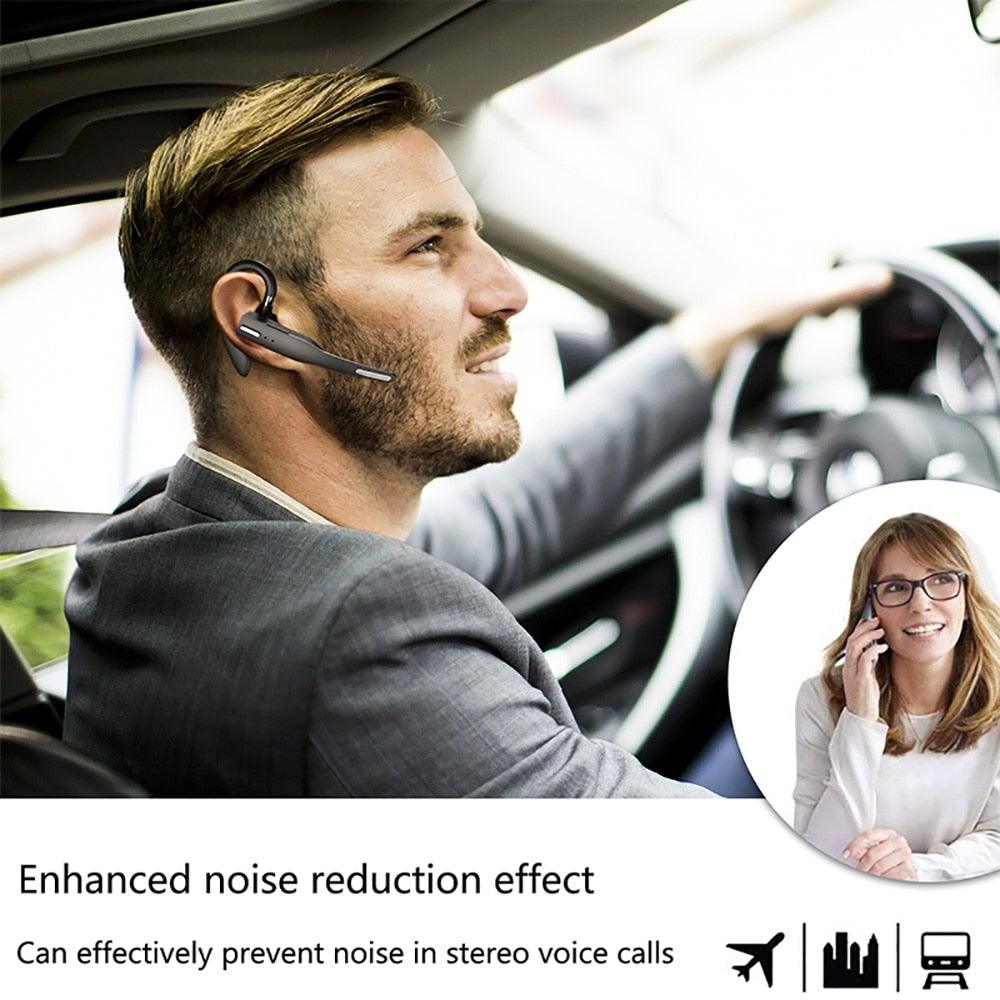 Stevvex wireless Bluetooth earphone with mic, single over-ear headset worn by driver in car on Tampa Home & Garden Store
