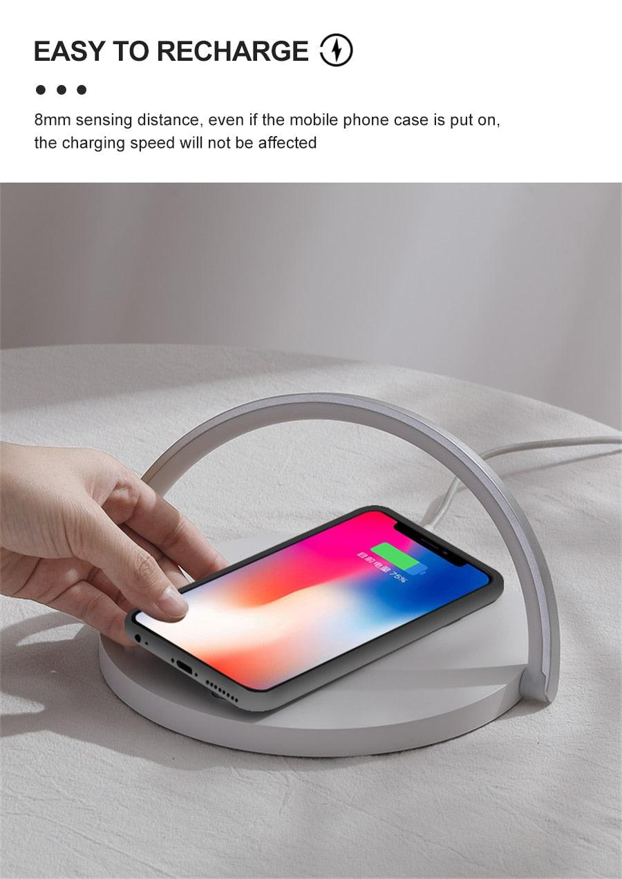 Stevvex wireless charger LED night light desk lamp white curved arc with charging pad on Tampa Home & Garden Store