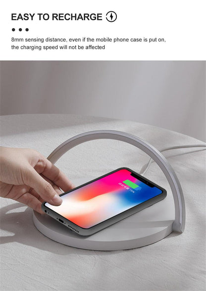 Stevvex wireless charger LED night light desk lamp white curved arc with charging pad on Tampa Home & Garden Store