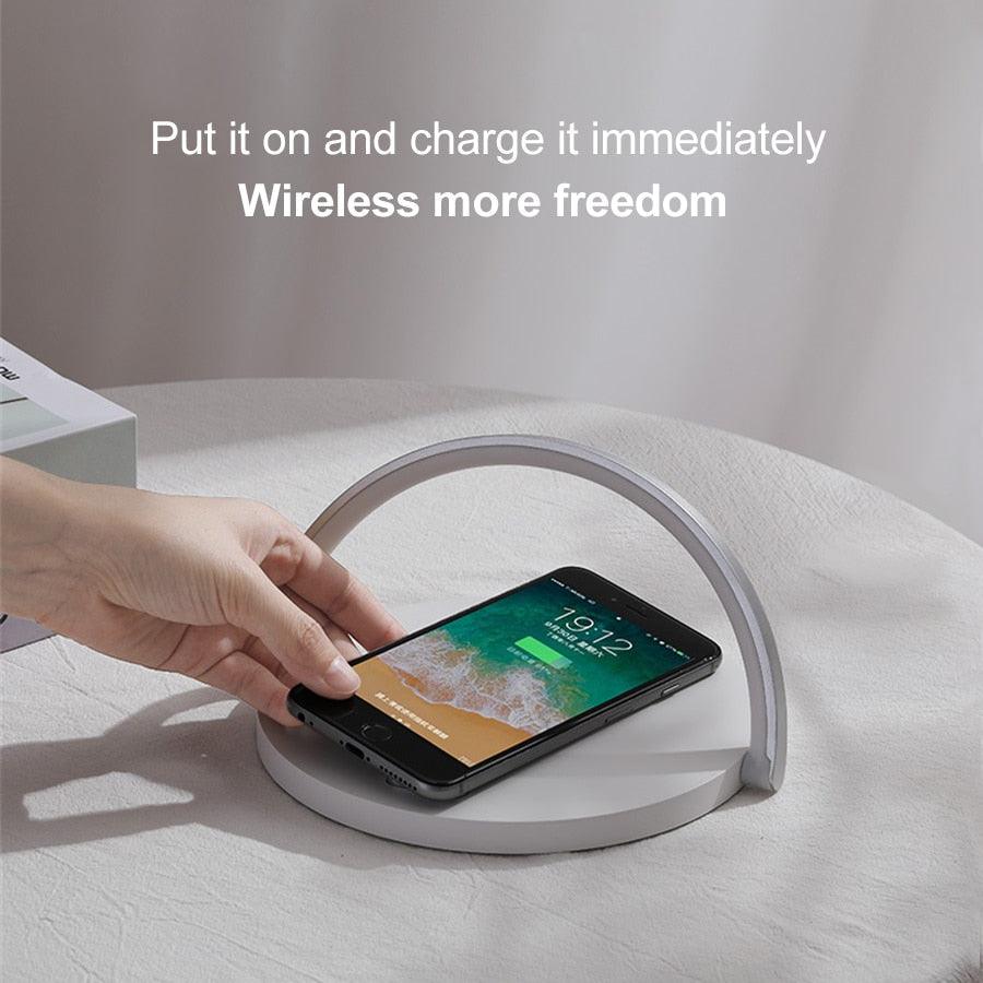 Wireless Charger LED Night Lamp gray with adjustable arc and circular base phone holder on Tampa Home & Garden Store