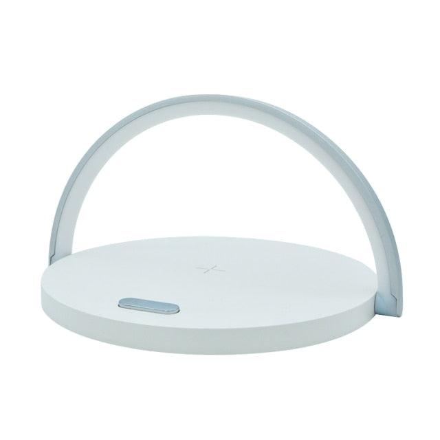 Wireless charger LED night light desk lamp with white round base and curved arc handle on Tampa Home & Garden Store