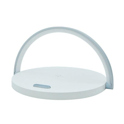 Wireless charger LED night light desk lamp with white round base and curved arc handle on Tampa Home & Garden Store