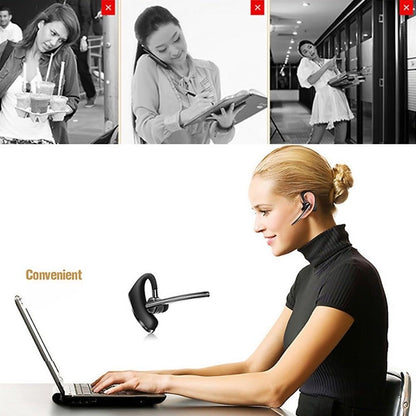 Stevvex wireless open-ear Bluetooth headset with mic worn by a woman at a laptop on Tampa Home & Garden Store